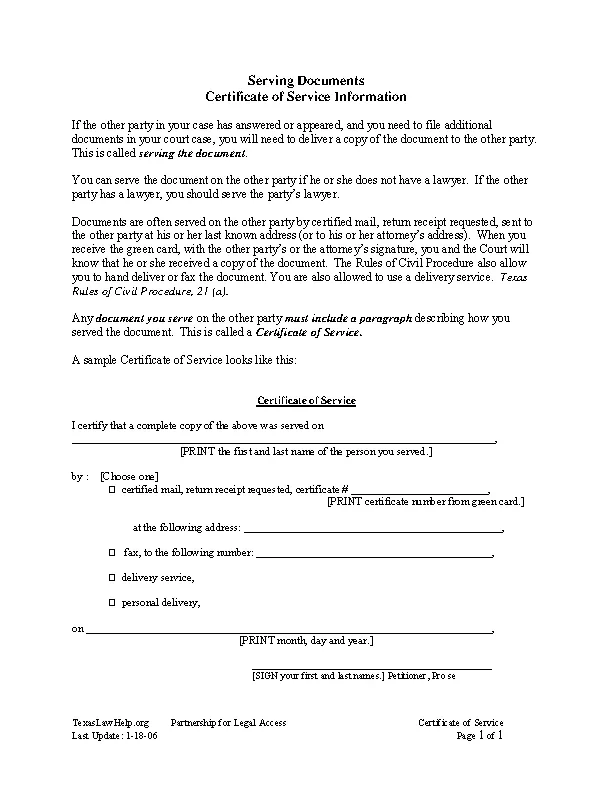Certificate Of Service Information Template