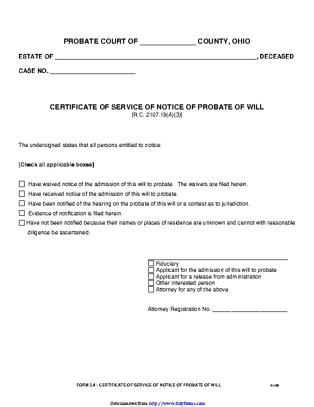 Certificate Of Service Of Notice Of Probate Of Will