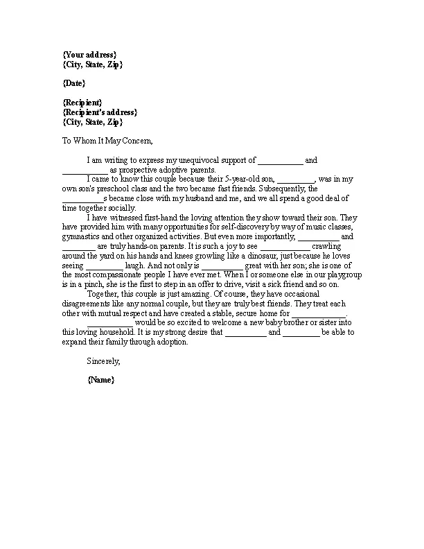 Character Reference Letter For Adoptive Parents