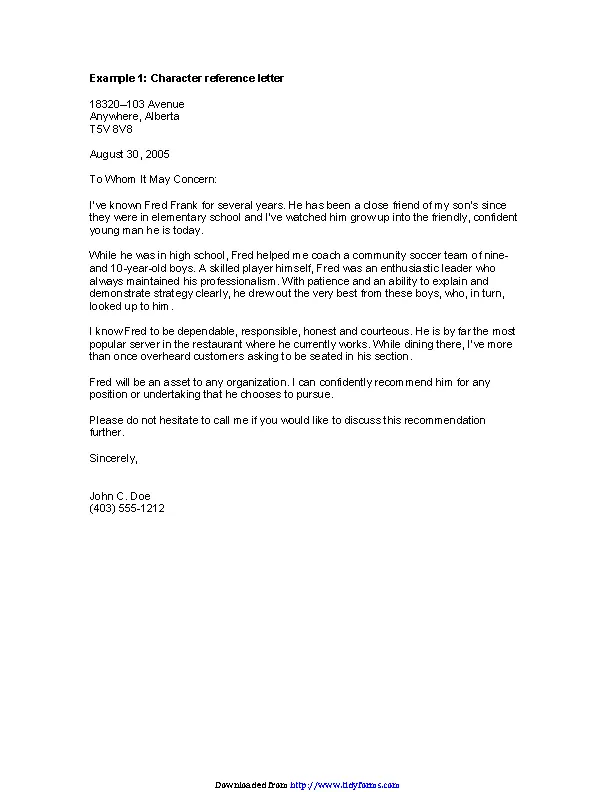 Character Reference Letter Sample