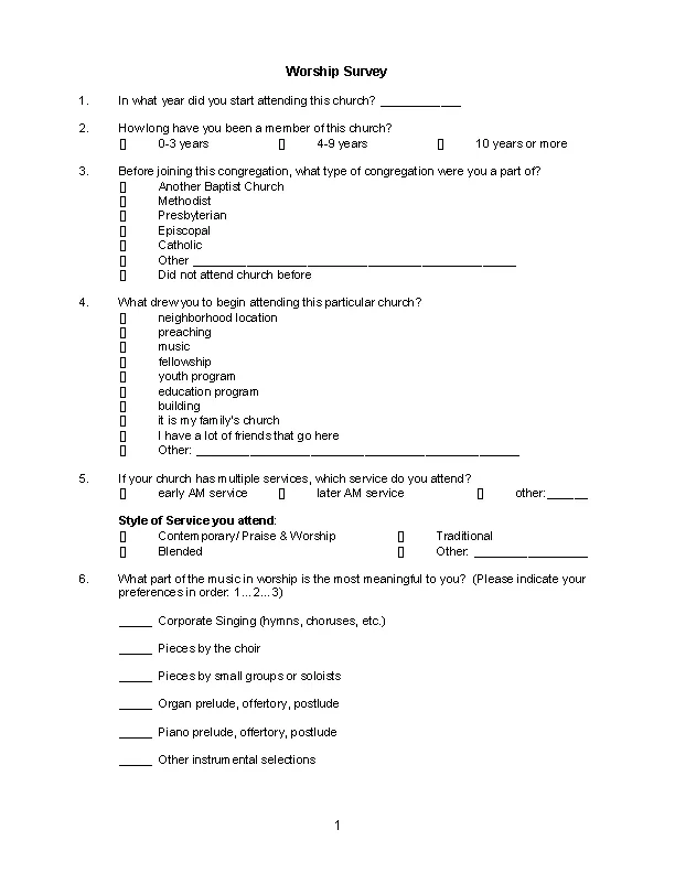 Church Worship Survey Template In Ms Word Doc