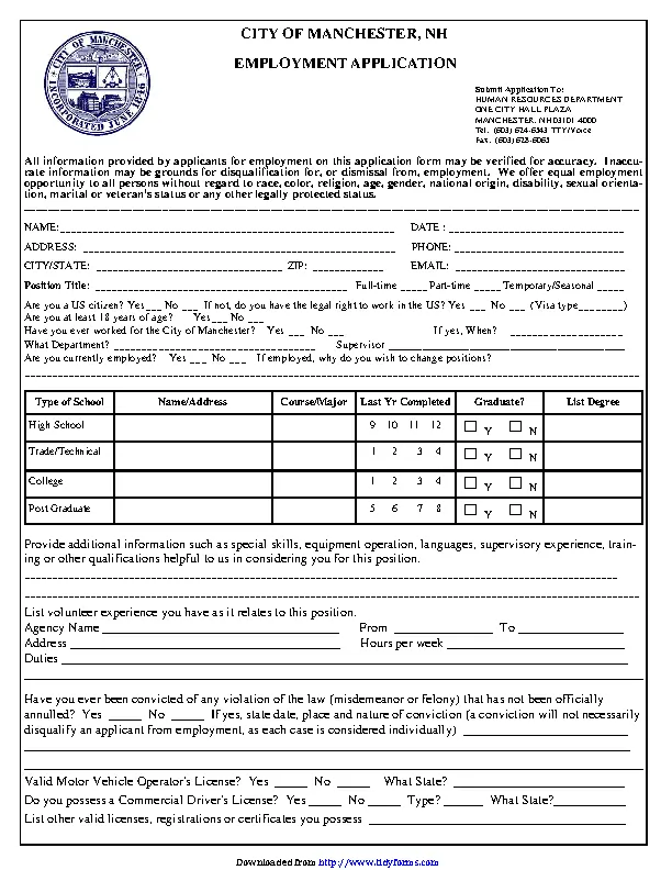 City Of Manchester Nh Employment Application
