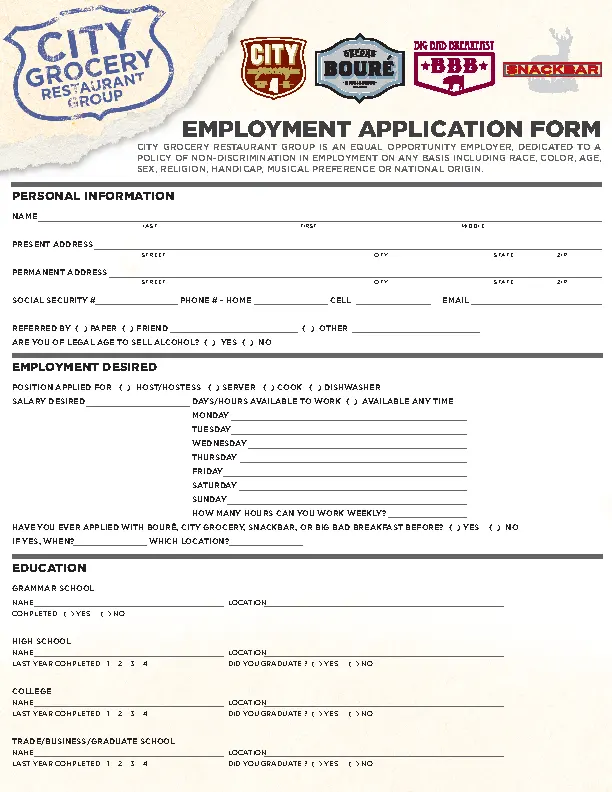 City Restaurant Group Job Application Template Pdf Format Download