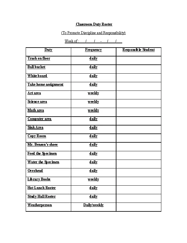 Classroom Duty Roster Template PDFSimpli