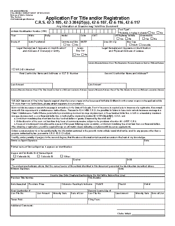 Colorado Application For Title And Or Registration Dr 2395