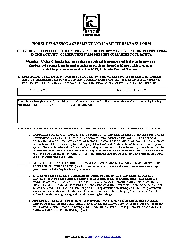 Colorado Horse Use Or Lesson Agreement And Liability Release Form