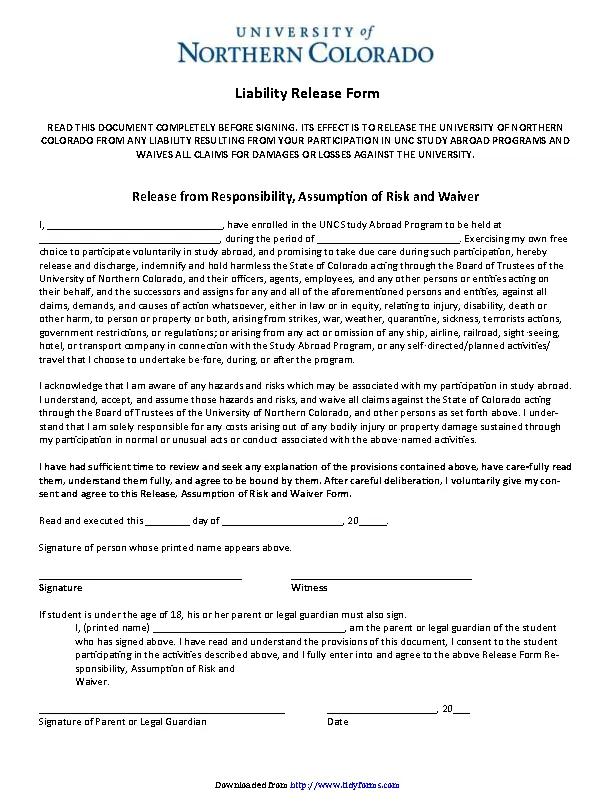 Colorado Liability Release Form