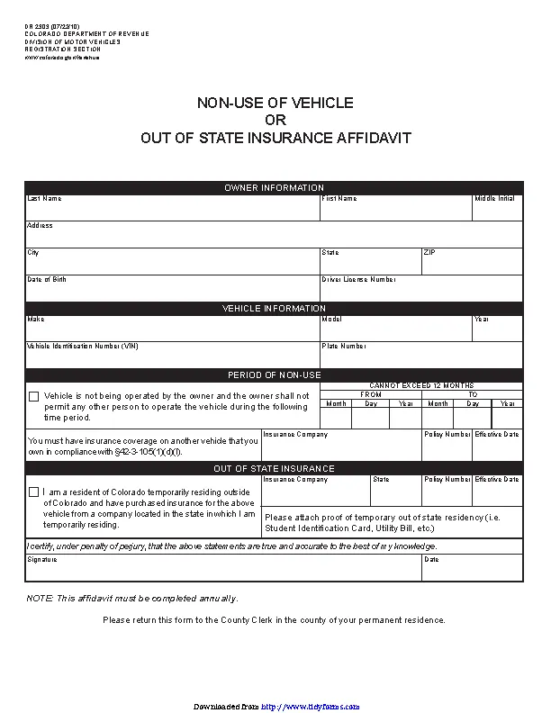 Colorado Non Use Of Vehicle Or Out Of State Insurance Affidavit Form