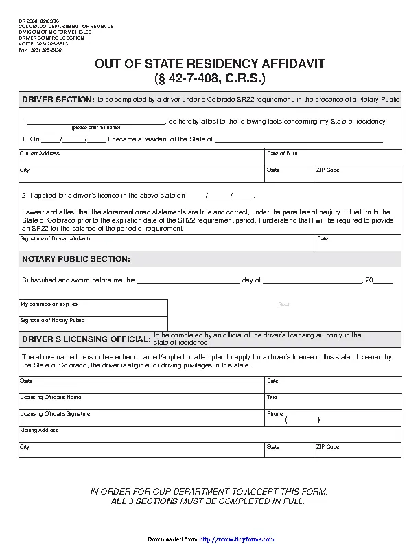 Colorado Out Of State Residency Affidavit Form