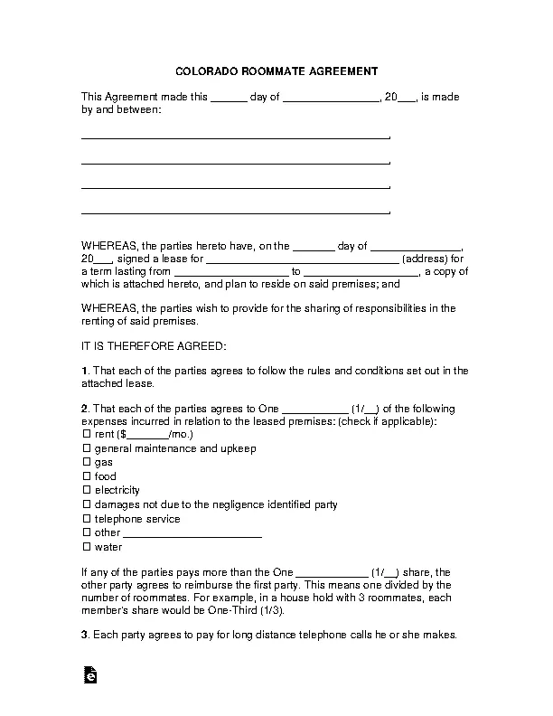 Colorado Roommate Lease Agreement