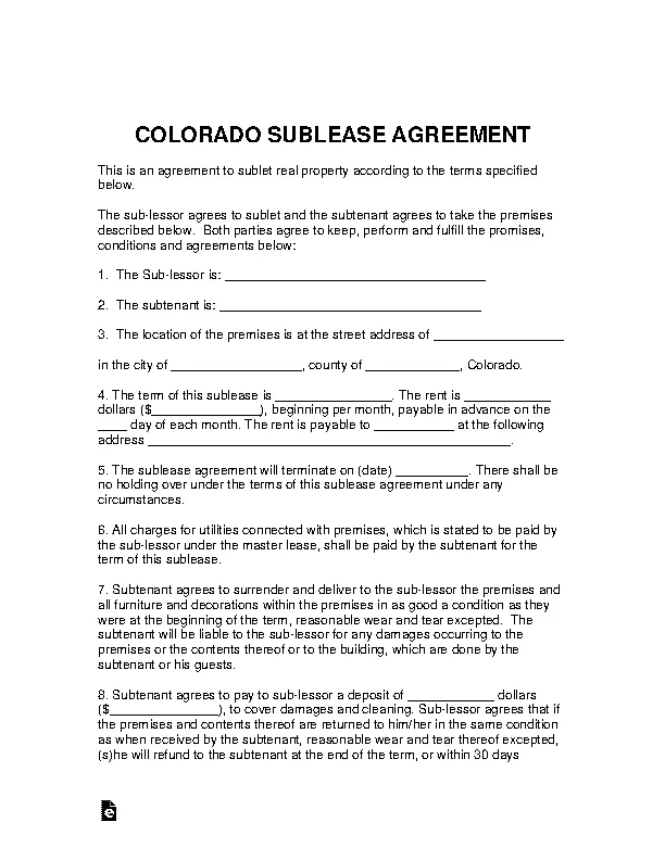 Colorado Sublease Agreement Template