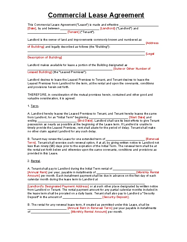 Commercial Lease Template Word