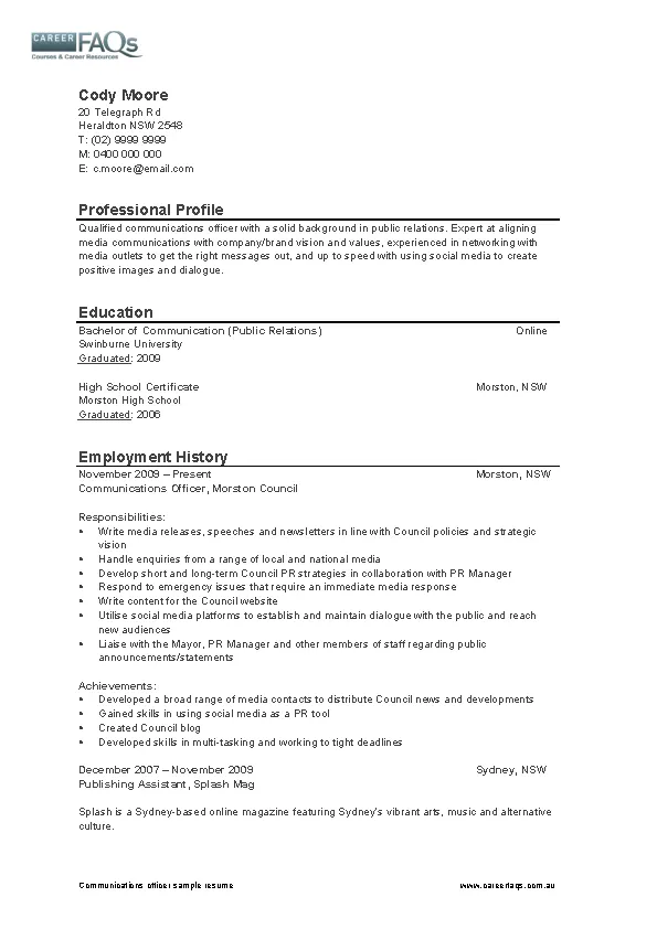 Communications Officer Sample Resume