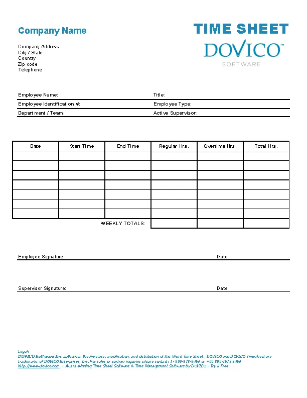 Company Time Sheet Template Word