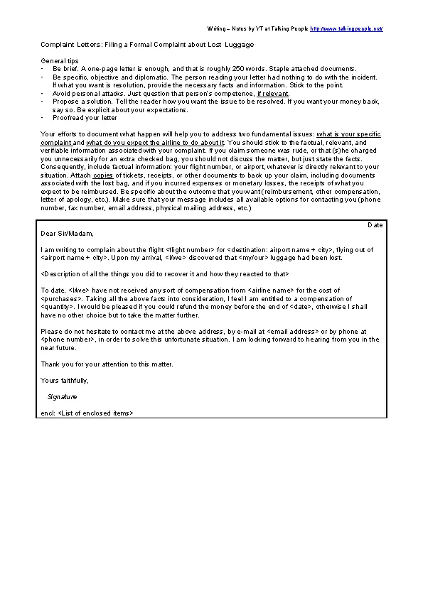 Complaint Letter Airlines Lost Luggage Word Format