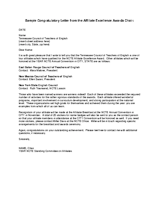 Congratulatory Letter Example
