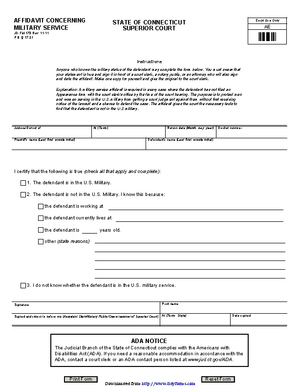 Connecticut Affidavit Concerning Military Service Form