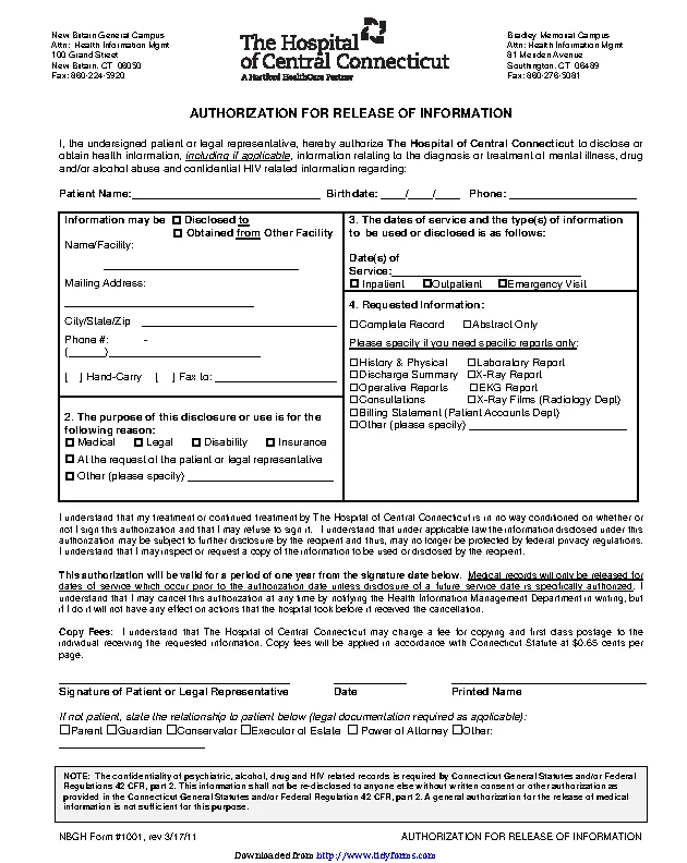 Connecticut Authorization For Release Of Information Form