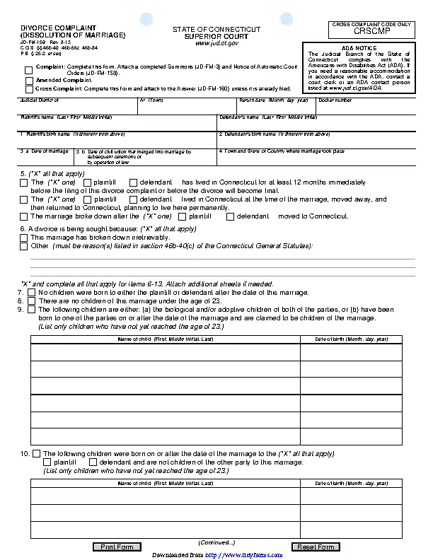 Connecticut Divorce Complaint Form