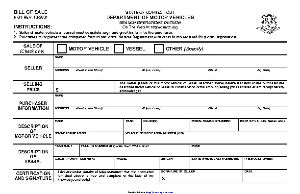 Connecticut Motor Vehicle Bill Of Sale Form