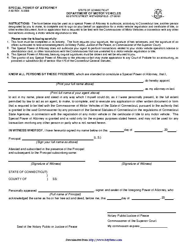 Connecticut Motor Vehicle Power Of Attorney Form