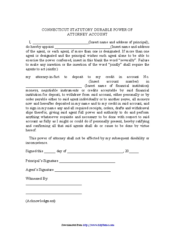 Connecticut Statutory Durable Power Of Attorney Account Form