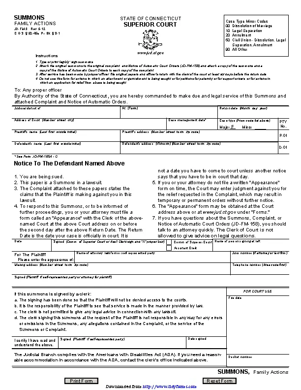 Connecticut Summons Family Actions Form