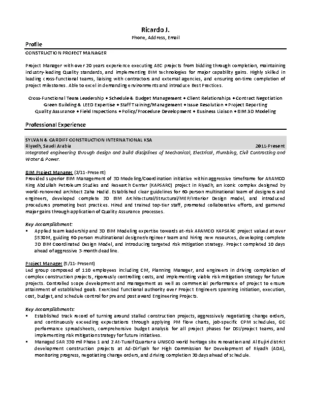 Construction Project Manager Resume Free Pdf