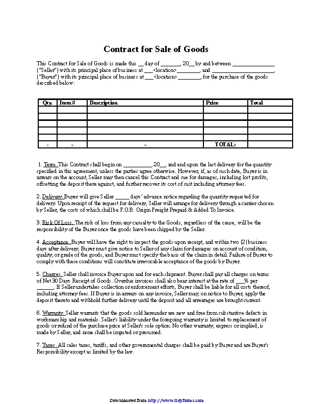 Contract For Sale Of Goods - PDFSimpli