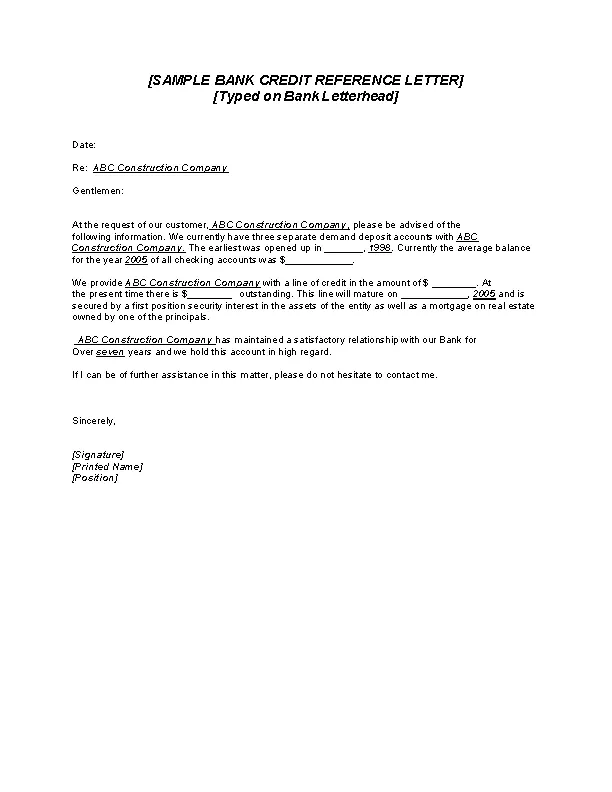 Credit Reference Letter From Bank