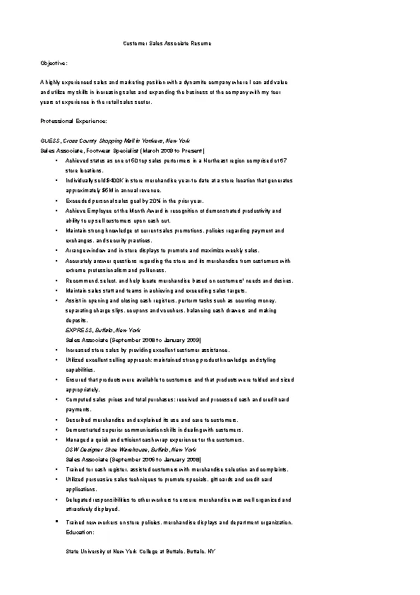 Customer Sales Associate Resume PDFSimpli