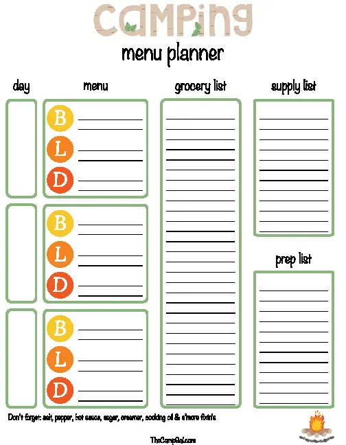 Daily Camping Menu Planner Template