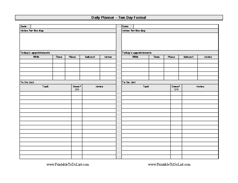 Daily Planner Two Day Format