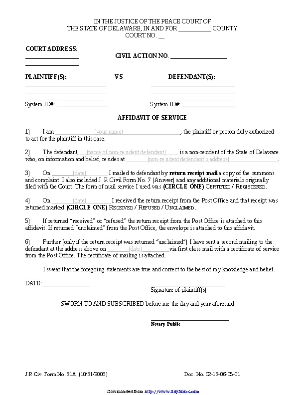 Delaware Affidavit Of Service Form - PDFSimpli