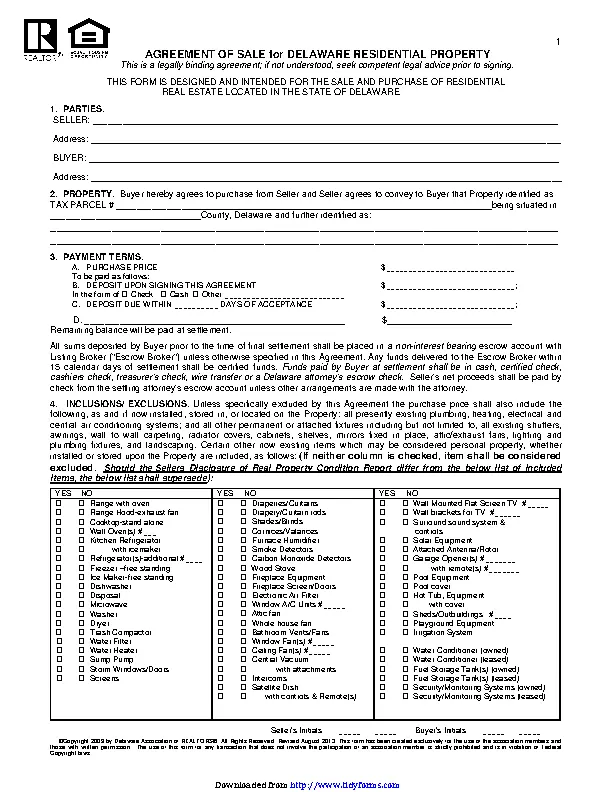 Delaware Agreement Of Sale For Residential Property Form PDFSimpli