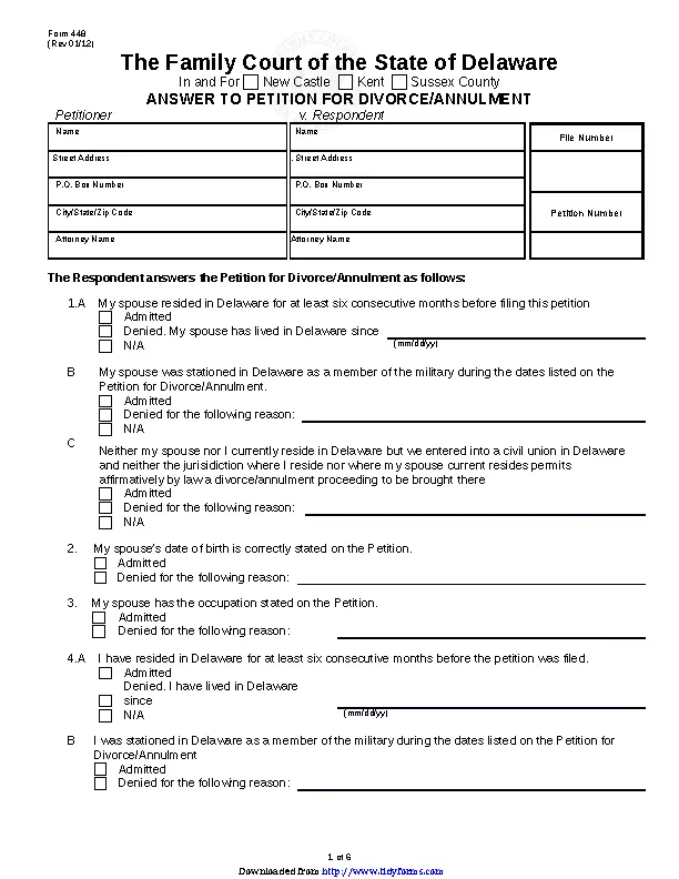 Delaware Answer To Petition For Divorce Annulment Form