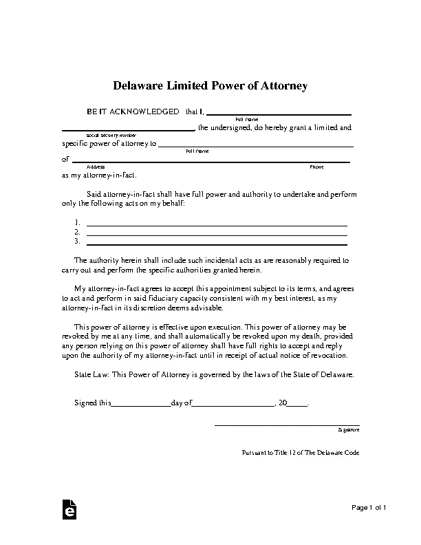 Delaware Limited Power Of Attorney