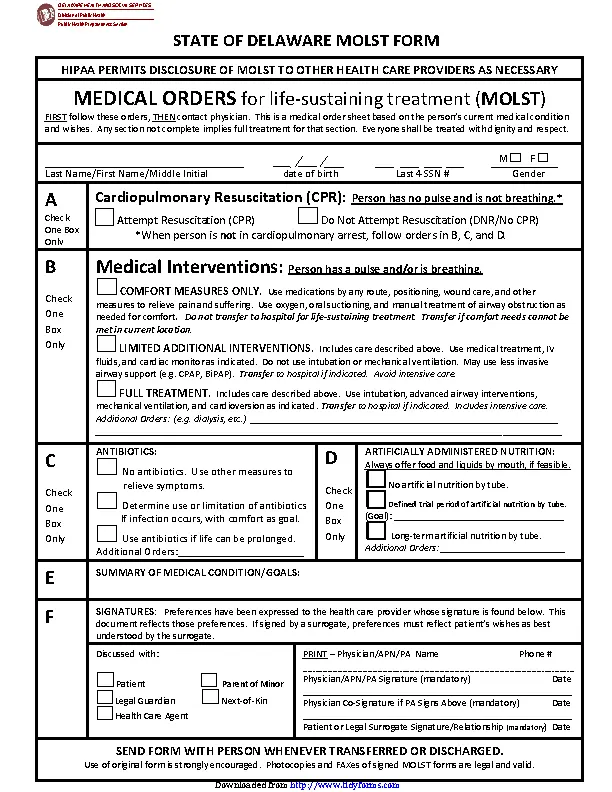 Delaware Medical Orders For Life Sustaining Treatment Molst Form ...