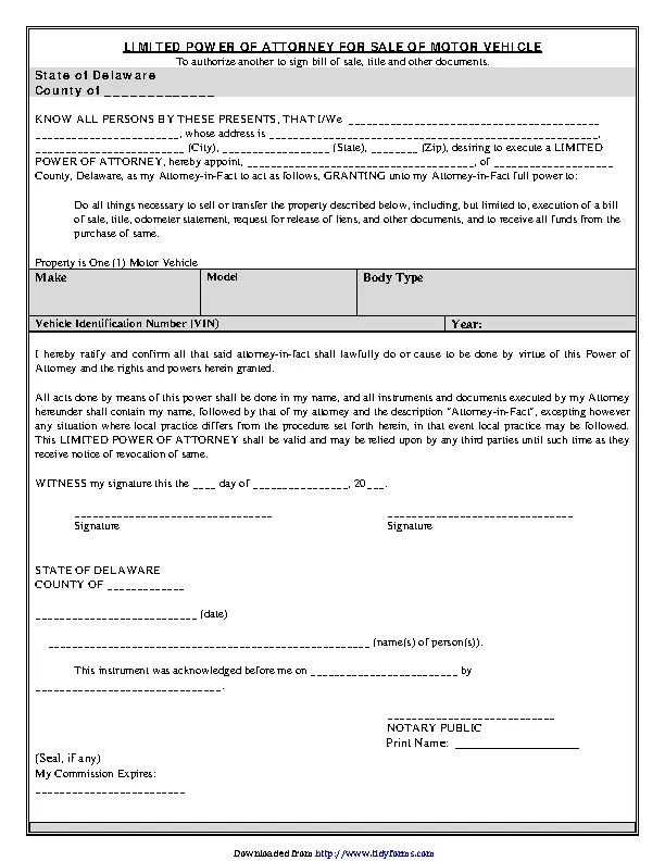 Delaware Motor Vehicle Power Of Attorney Form Pdfsimpli