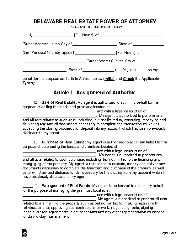 Delaware Real Estate Power Of Attorney Form