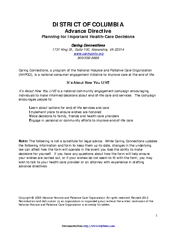 District Of Columbia Advance Health Care Directive Form 1