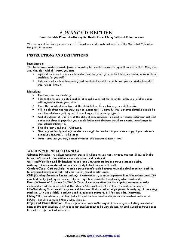 District Of Columbia Advance Health Care Directive Form 2