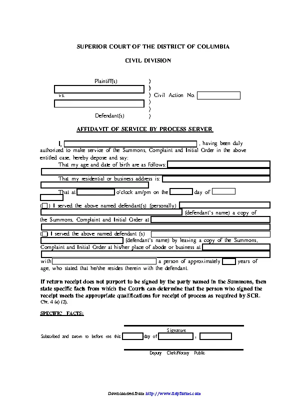 District Of Columbia Affidavit Of Service By Process Server Form