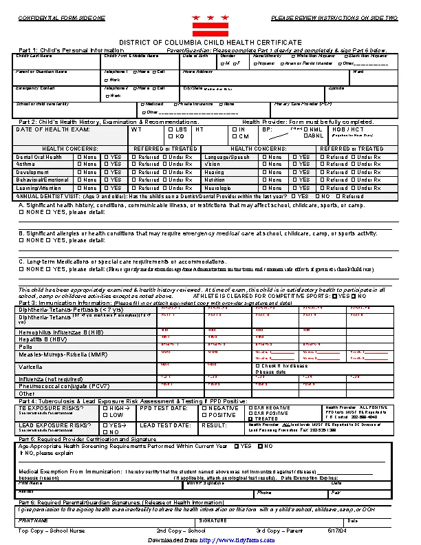 District Of Columbia Child Health Certificate Form PDFSimpli