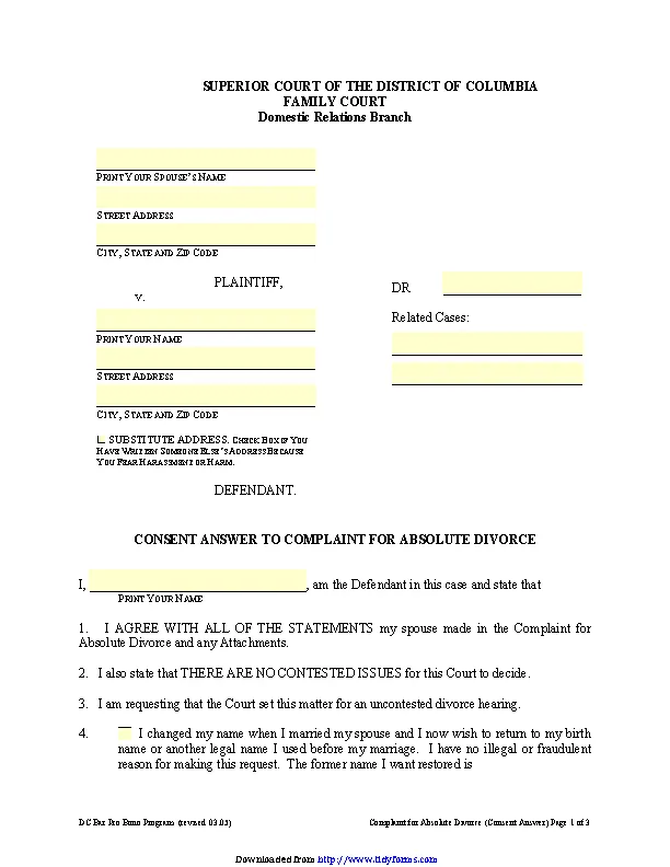 District Of Columbia Consent Answer To Complaint For Absolute Divorce Form