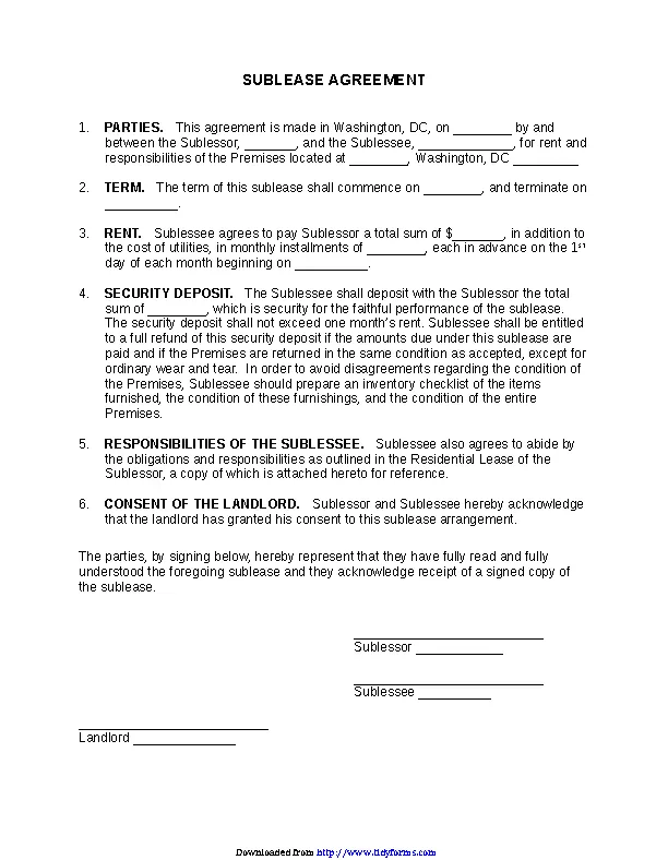 District Of Columbia Sublease Agreement Form