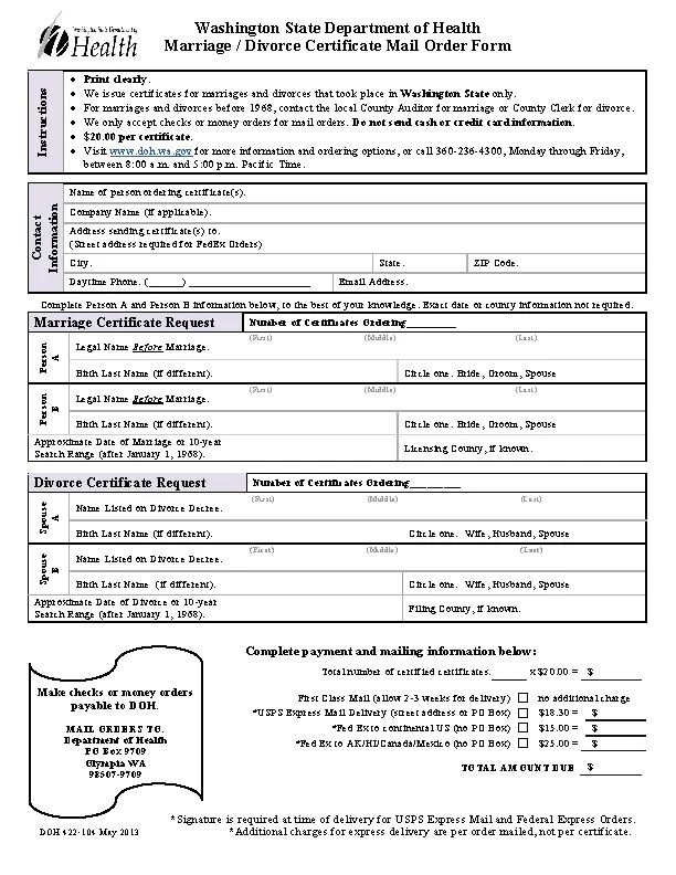 Divorce Certificate Mail Order Form
