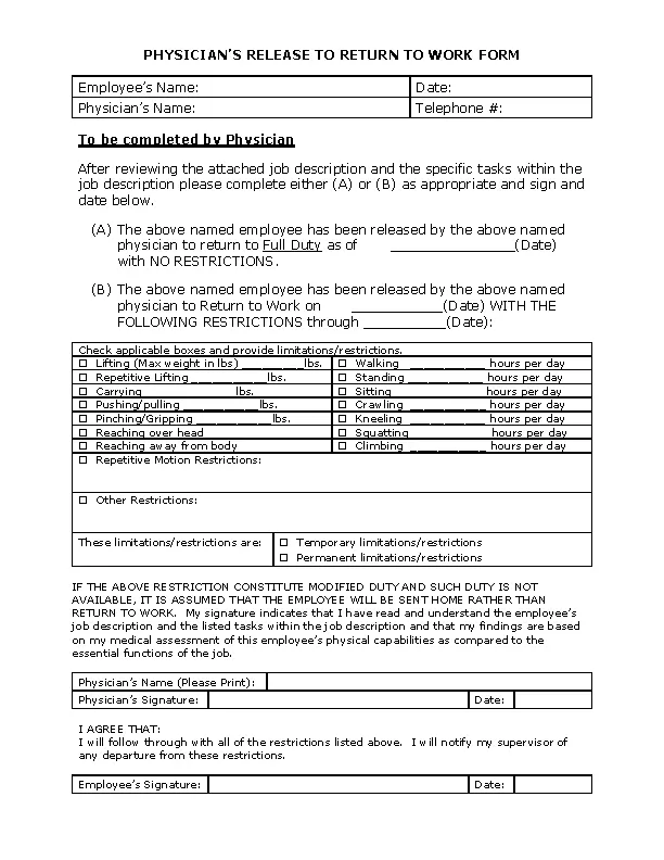 Doctor Note To Return To Work Template Free Pdf