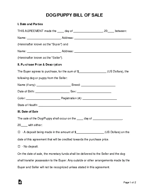 Dog Puppy Bill Of Sale Form - Pdfsimpli