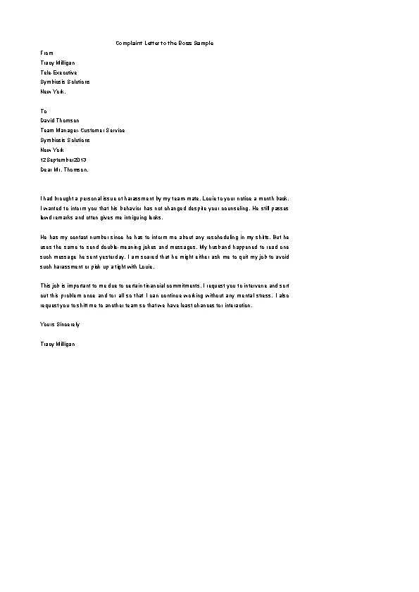 Download Employee Complaint Letter About Boss - PDFSimpli